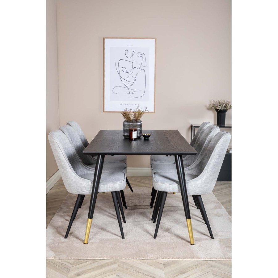 VENTURE DESIGN Dipp spisebordsst, m. 6 stole - sort finer/messing/sort metal, gr stof/sort metal