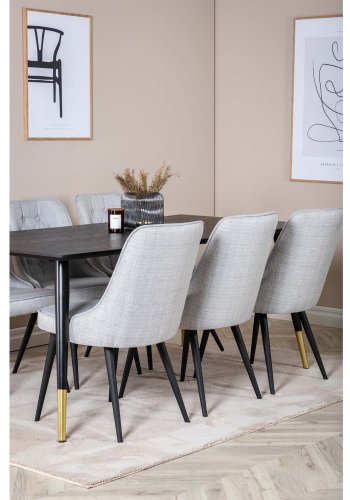 VENTURE DESIGN Dipp spisebordsst, m. 6 stole - sort finer/messing/sort metal, gr stof/sort metal