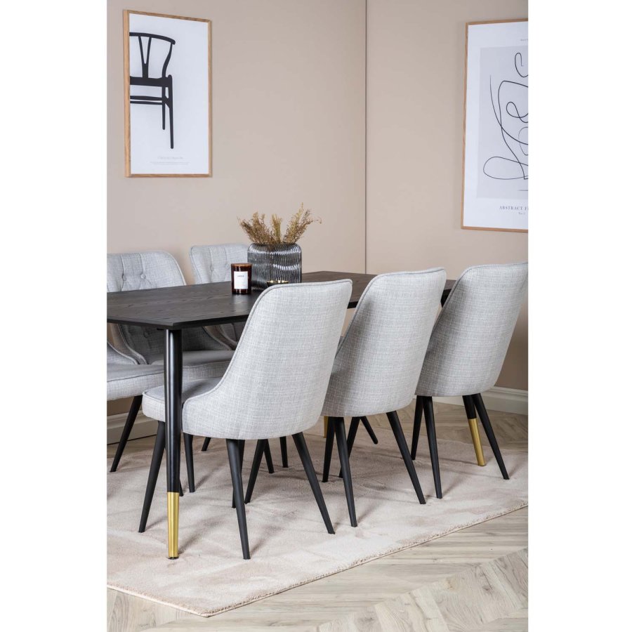 VENTURE DESIGN Dipp spisebordsst, m. 6 stole - sort finer/messing/sort metal, gr stof/sort metal