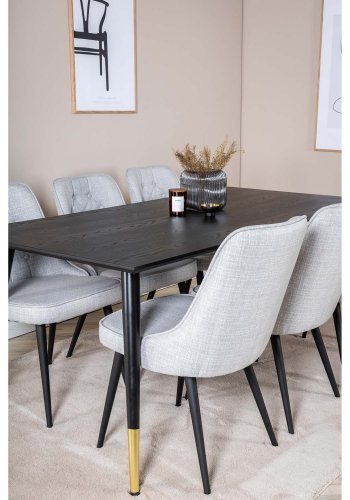 VENTURE DESIGN Dipp spisebordsst, m. 6 stole - sort finer/messing/sort metal, gr stof/sort metal