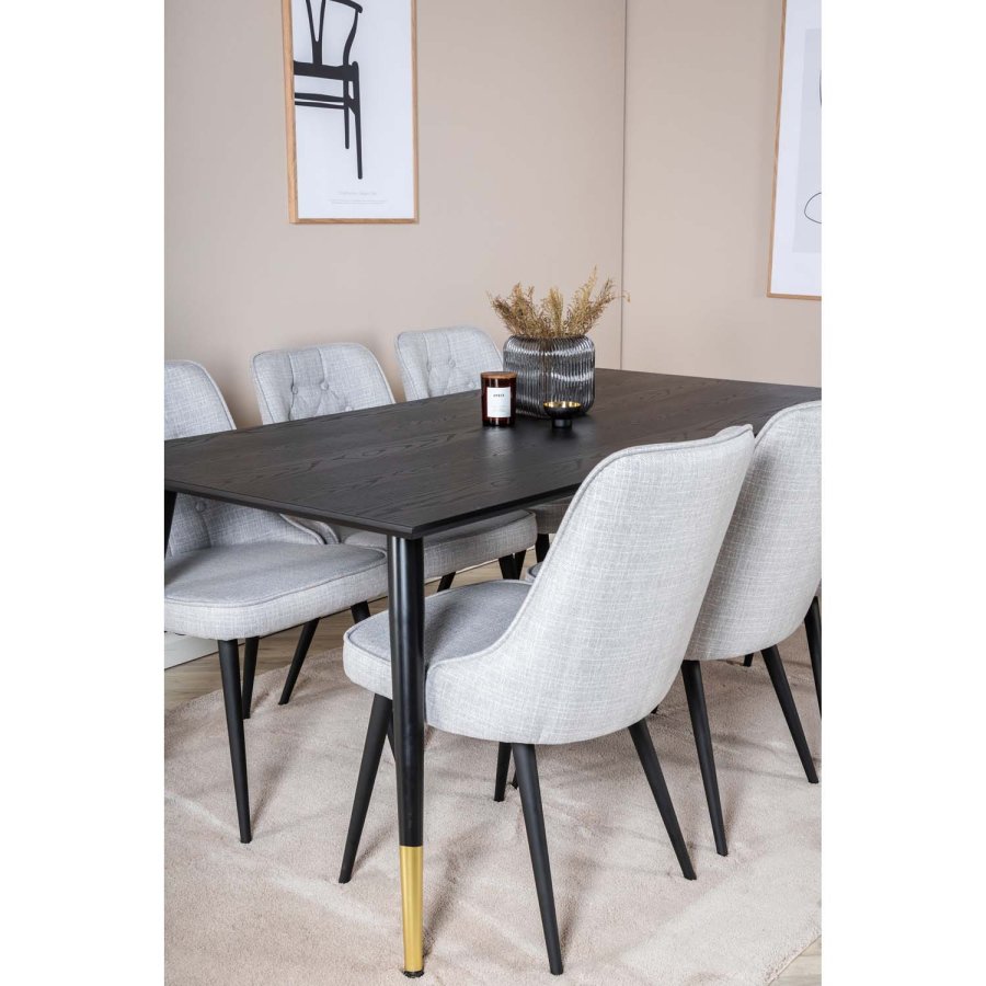 VENTURE DESIGN Dipp spisebordsst, m. 6 stole - sort finer/messing/sort metal, gr stof/sort metal