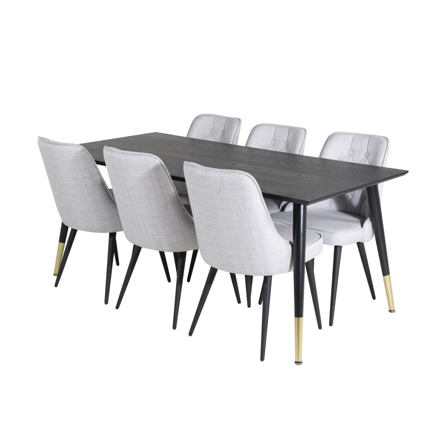 VENTURE DESIGN Dipp spisebordsst, m. 6 stole - sort finer/messing/sort metal, gr stof/sort metal