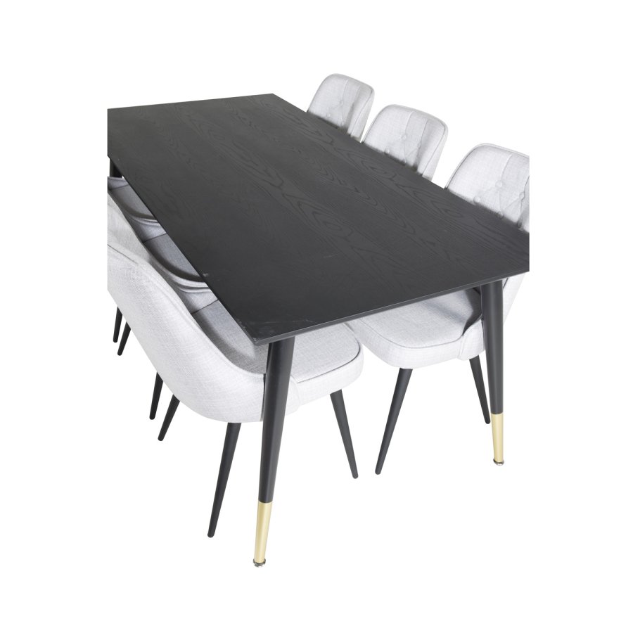 VENTURE DESIGN Dipp spisebordsst, m. 6 stole - sort finer/messing/sort metal, gr stof/sort metal