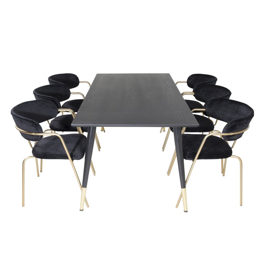 VENTURE DESIGN Dipp spisebordsst, m. 6 stole - sort finer/messing sort metal/sort fljl