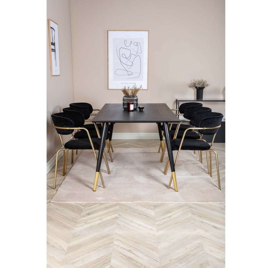 VENTURE DESIGN Dipp spisebordsst, m. 6 stole - sort finer/messing sort metal/sort fljl