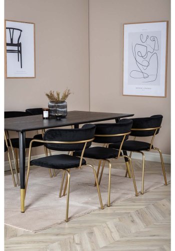 VENTURE DESIGN Dipp spisebordsst, m. 6 stole - sort finer/messing sort metal/sort fljl