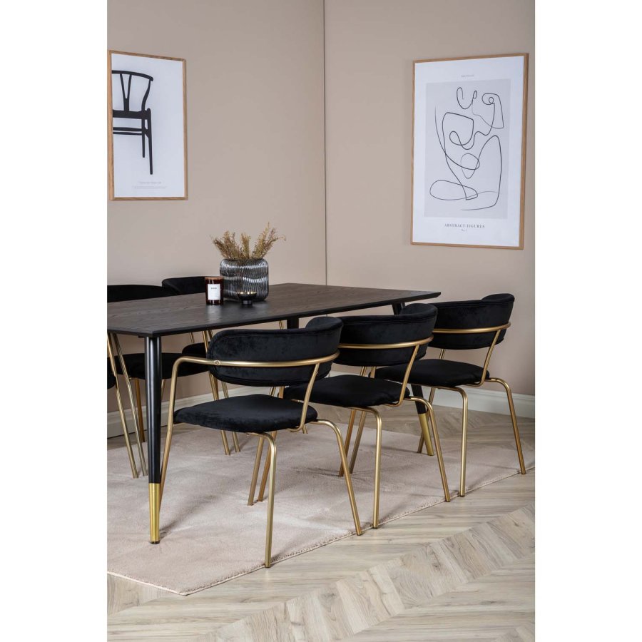VENTURE DESIGN Dipp spisebordsst, m. 6 stole - sort finer/messing sort metal/sort fljl