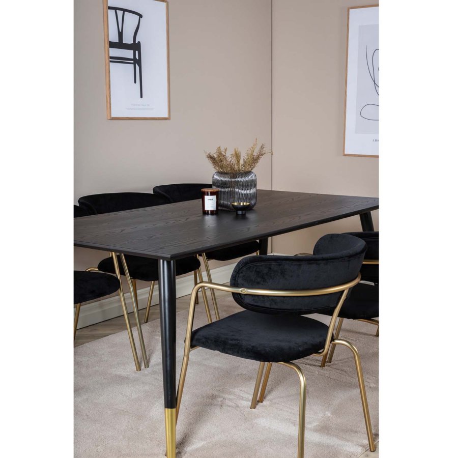 VENTURE DESIGN Dipp spisebordsst, m. 6 stole - sort finer/messing sort metal/sort fljl