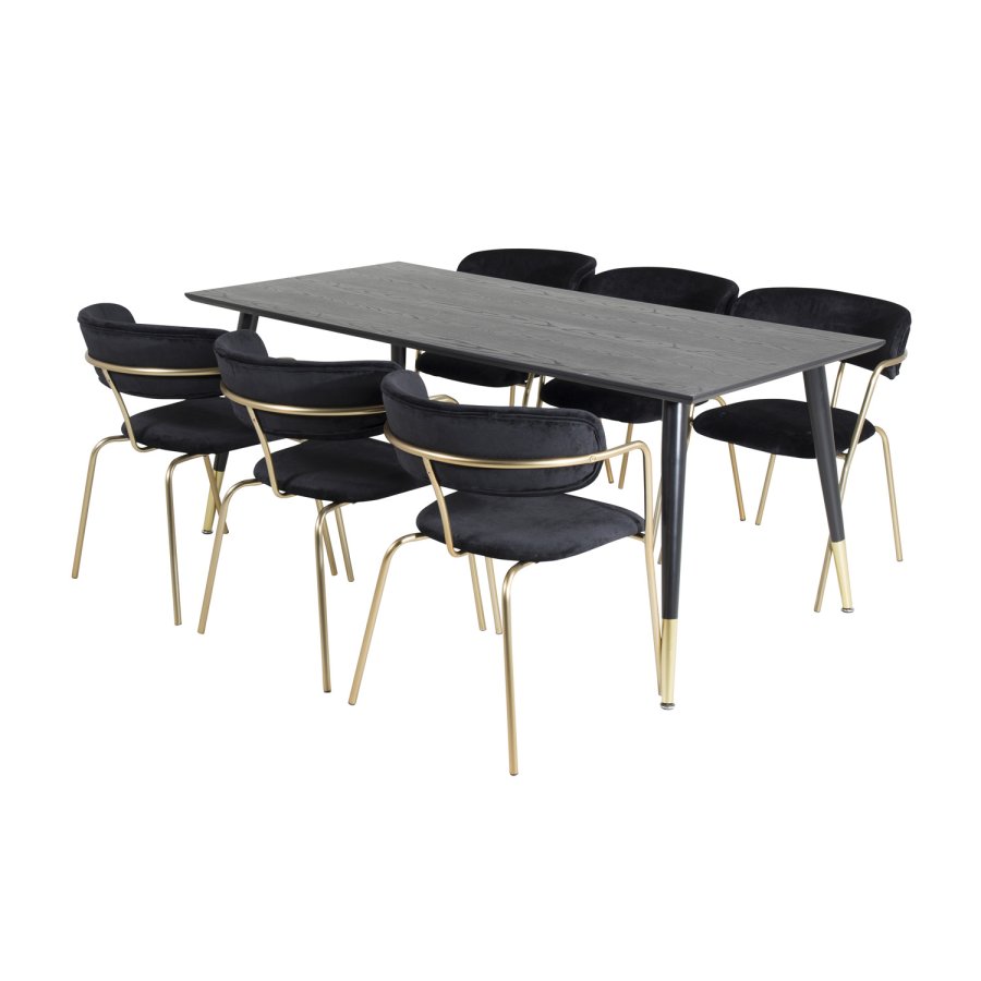 VENTURE DESIGN Dipp spisebordsst, m. 6 stole - sort finer/messing sort metal/sort fljl