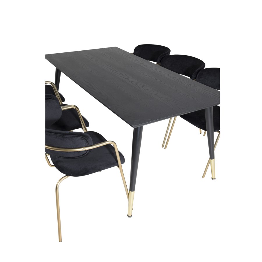 VENTURE DESIGN Dipp spisebordsst, m. 6 stole - sort finer/messing sort metal/sort fljl