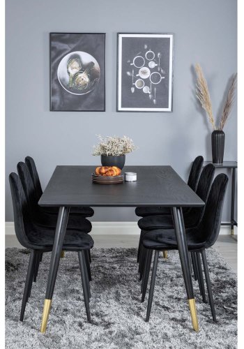 VENTURE DESIGN Dipp spisebordsst, m. 6 stole - sort finer/messing sort metal, sort fljl/sort metal