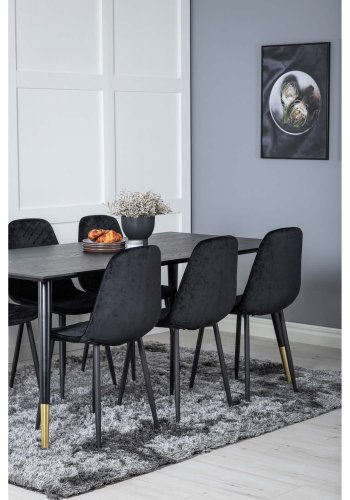 VENTURE DESIGN Dipp spisebordsst, m. 6 stole - sort finer/messing sort metal, sort fljl/sort metal