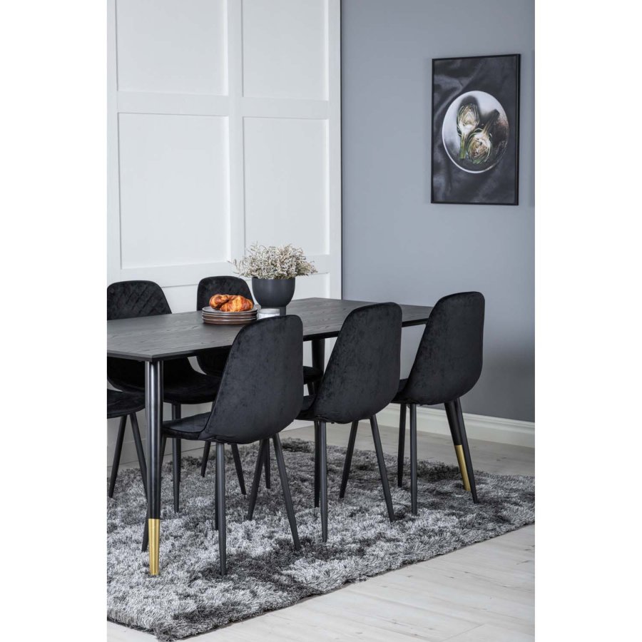 VENTURE DESIGN Dipp spisebordsst, m. 6 stole - sort finer/messing sort metal, sort fljl/sort metal