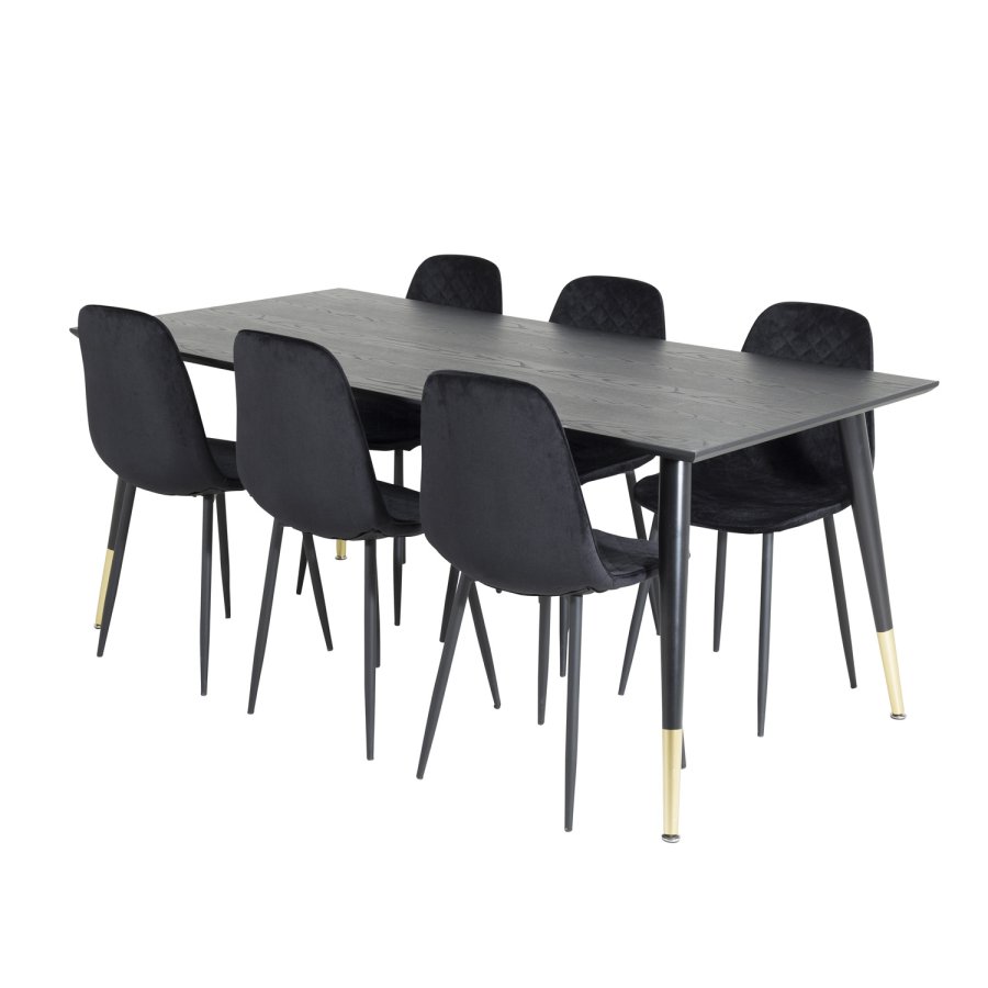 VENTURE DESIGN Dipp spisebordsst, m. 6 stole - sort finer/messing sort metal, sort fljl/sort metal