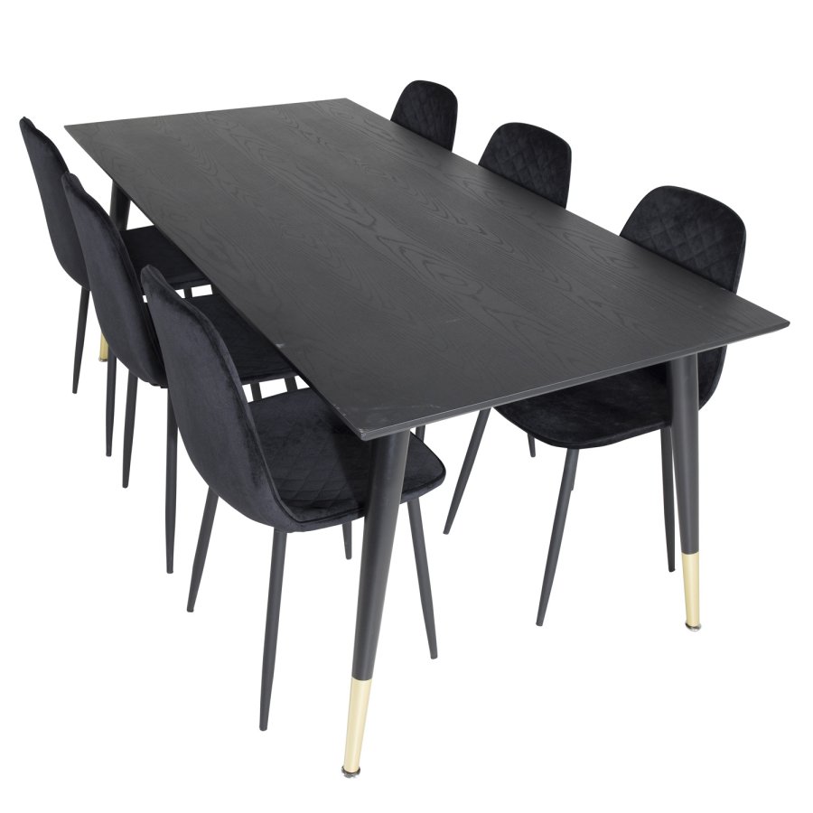 VENTURE DESIGN Dipp spisebordsst, m. 6 stole - sort finer/messing sort metal, sort fljl/sort metal