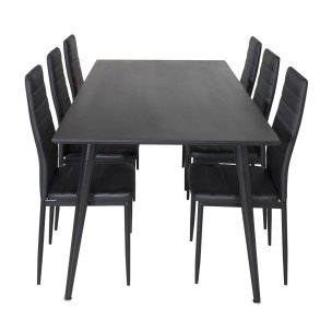 VENTURE DESIGN Dipp spisebordsst, m. 6 stole - sort finer/sort metal og sort PU/sort metal