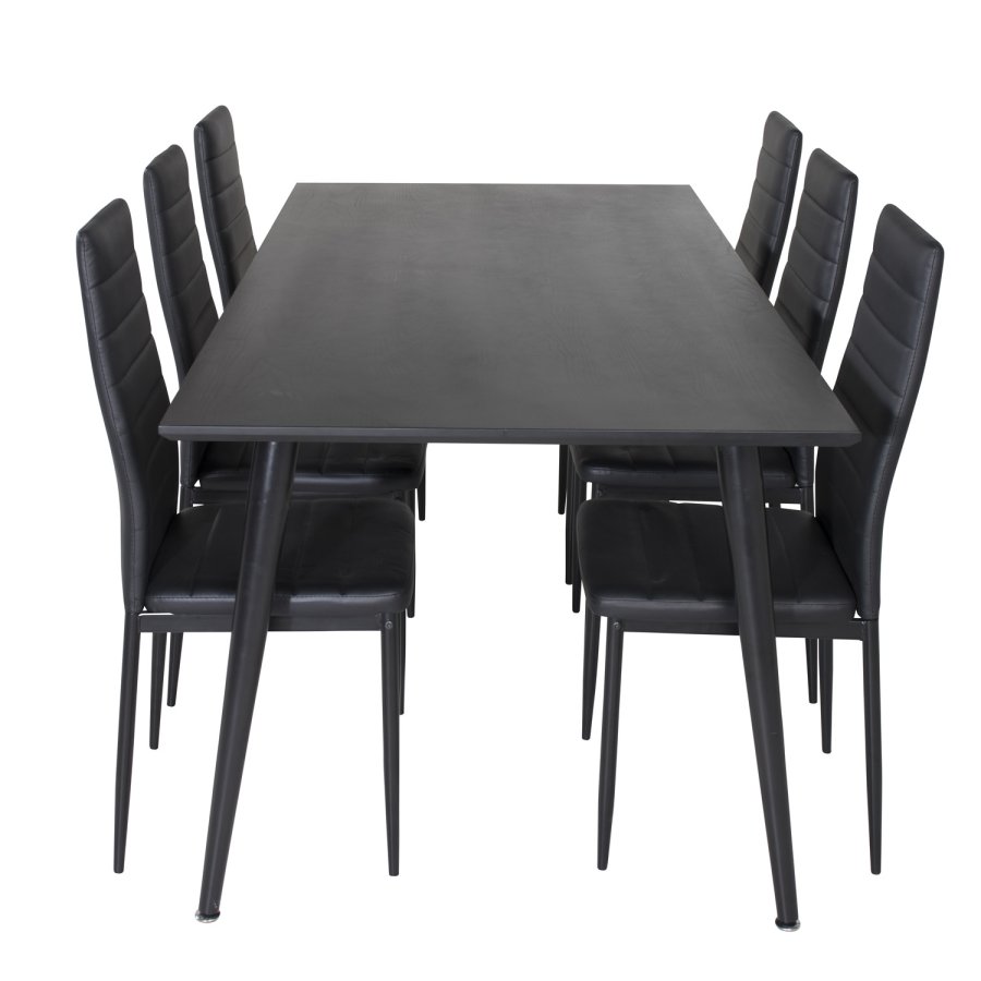 VENTURE DESIGN Dipp spisebordsst, m. 6 stole - sort finer/sort metal og sort PU/sort metal