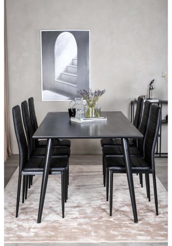 VENTURE DESIGN Dipp spisebordsst, m. 6 stole - sort finer/sort metal og sort PU/sort metal