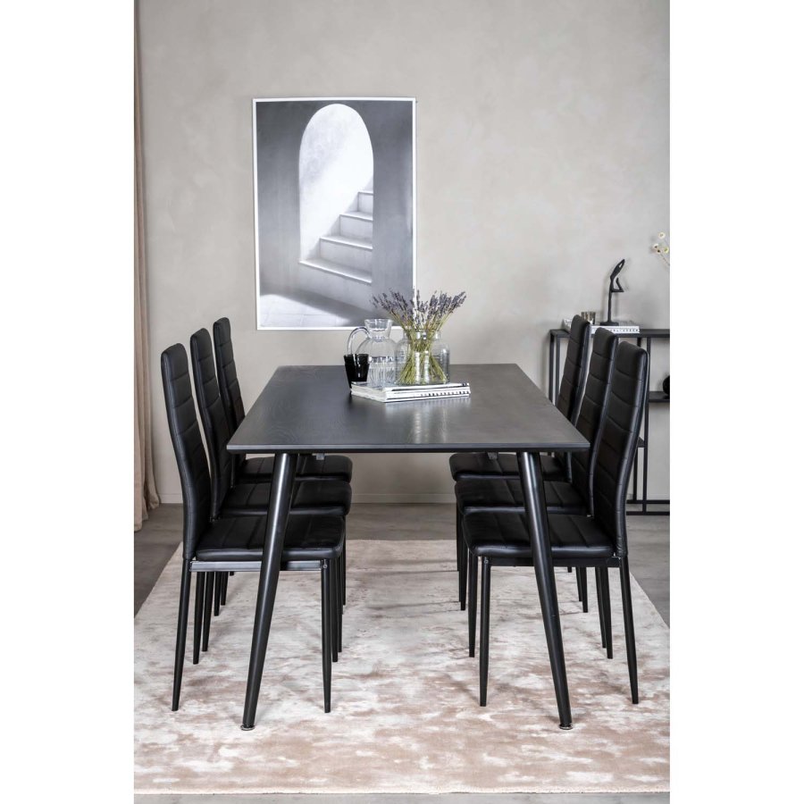VENTURE DESIGN Dipp spisebordsst, m. 6 stole - sort finer/sort metal og sort PU/sort metal