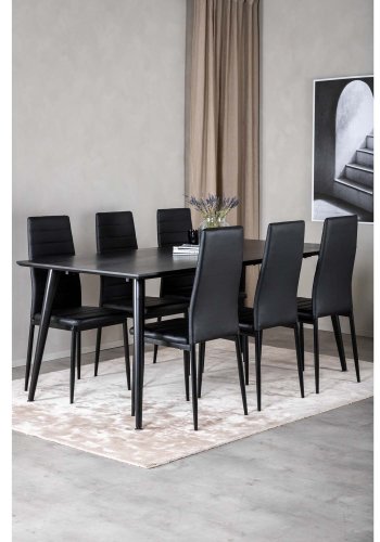 VENTURE DESIGN Dipp spisebordsst, m. 6 stole - sort finer/sort metal og sort PU/sort metal