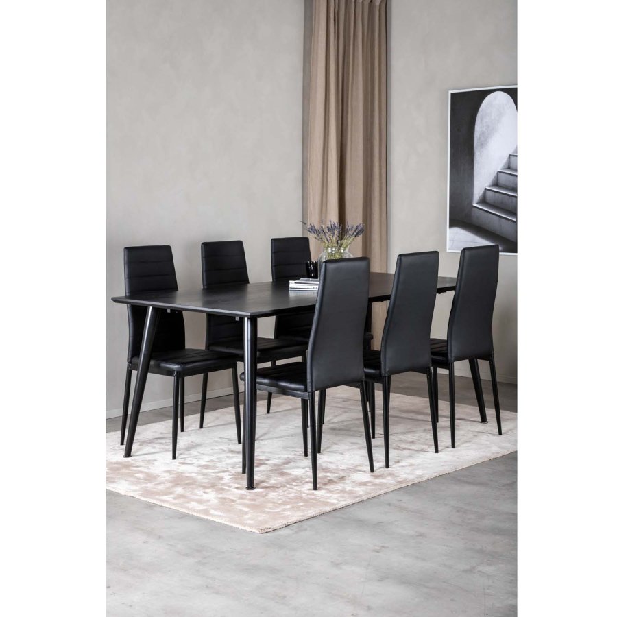 VENTURE DESIGN Dipp spisebordsst, m. 6 stole - sort finer/sort metal og sort PU/sort metal