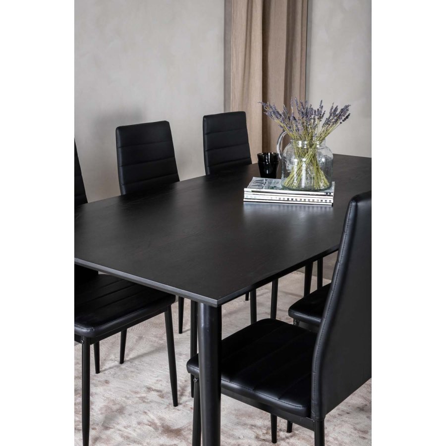VENTURE DESIGN Dipp spisebordsst, m. 6 stole - sort finer/sort metal og sort PU/sort metal