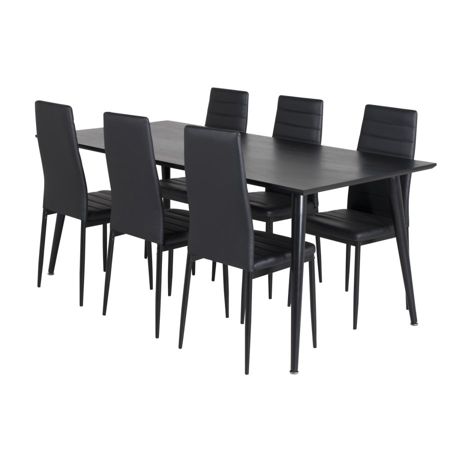 VENTURE DESIGN Dipp spisebordsst, m. 6 stole - sort finer/sort metal og sort PU/sort metal