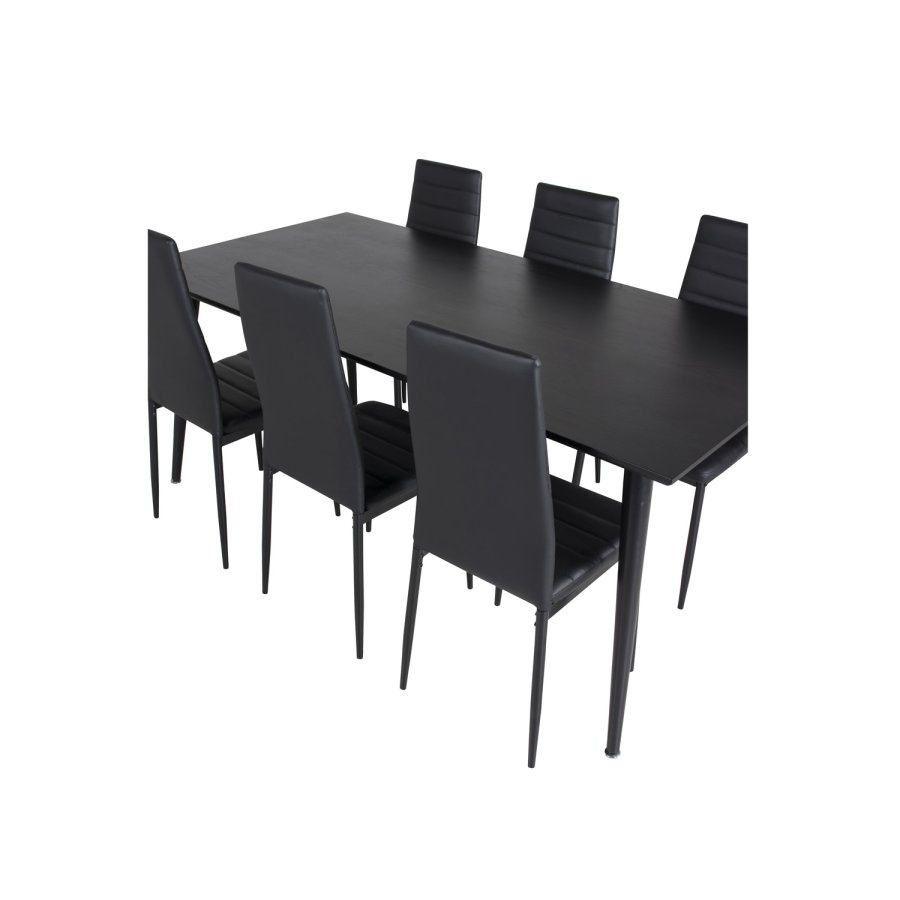 VENTURE DESIGN Dipp spisebordsst, m. 6 stole - sort finer/sort metal og sort PU/sort metal