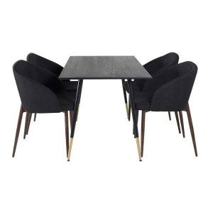 VENTURE DESIGN Dipp spisebordsst, m. 4 stole - sort finer/messing sort metal, sort stof/folie metal