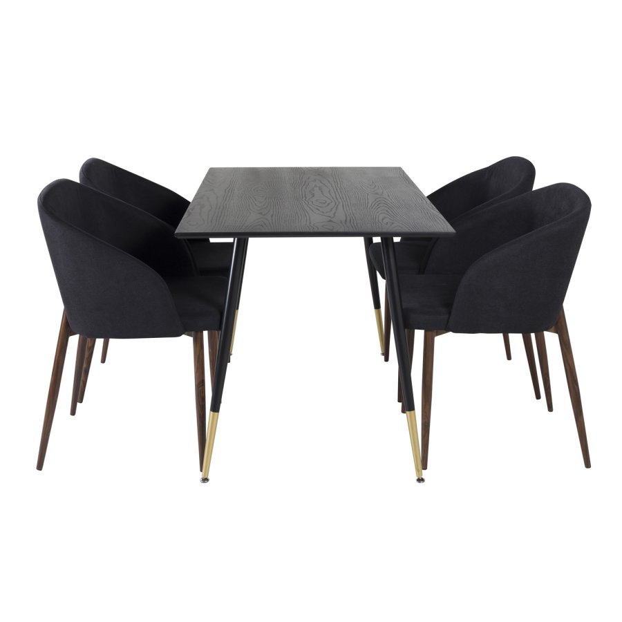 VENTURE DESIGN Dipp spisebordsst, m. 4 stole - sort finer/messing sort metal, sort stof/folie metal