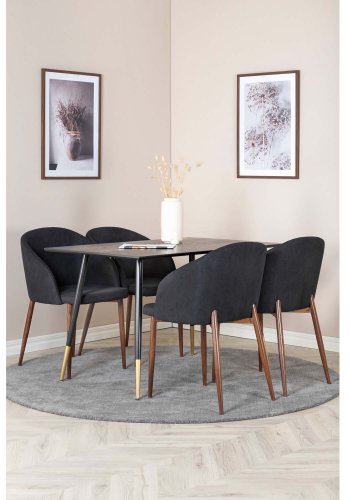 VENTURE DESIGN Dipp spisebordsst, m. 4 stole - sort finer/messing sort metal, sort stof/folie metal