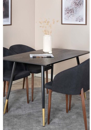 VENTURE DESIGN Dipp spisebordsst, m. 4 stole - sort finer/messing sort metal, sort stof/folie metal