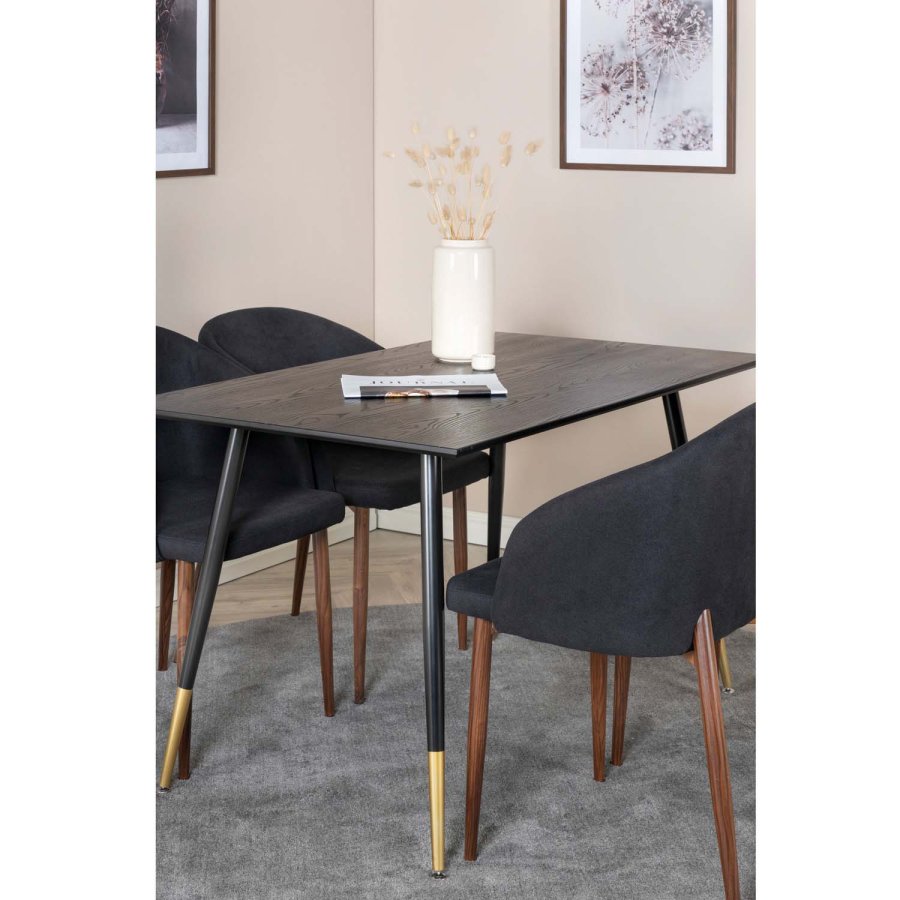 VENTURE DESIGN Dipp spisebordsst, m. 4 stole - sort finer/messing sort metal, sort stof/folie metal