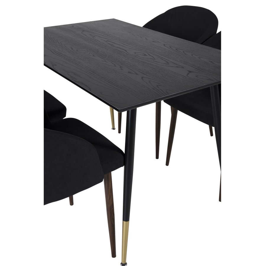 VENTURE DESIGN Dipp spisebordsst, m. 4 stole - sort finer/messing sort metal, sort stof/folie metal