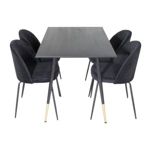 VENTURE DESIGN Dipp spisebordsst, m. 4 stole - sort finer/messing sort metal, sort fljl/sort metal