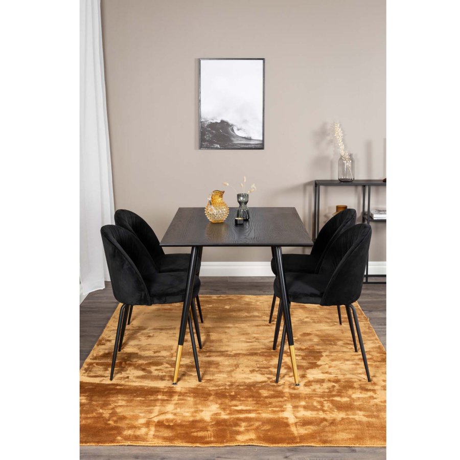 VENTURE DESIGN Dipp spisebordsst, m. 4 stole - sort finer/messing sort metal, sort fljl/sort metal