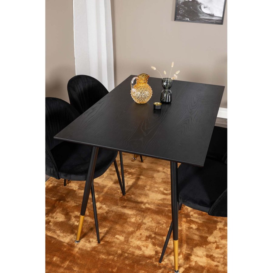 VENTURE DESIGN Dipp spisebordsst, m. 4 stole - sort finer/messing sort metal, sort fljl/sort metal