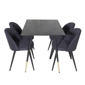 VENTURE DESIGN Dipp spisebordsst, m. 4 stole - sort finer/messing sort metal, sort stof/sort metal