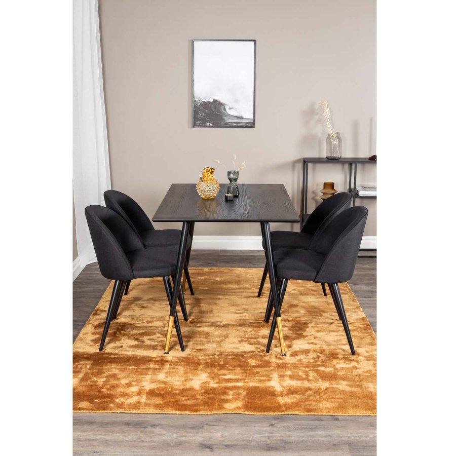 VENTURE DESIGN Dipp spisebordsst, m. 4 stole - sort finer/messing sort metal, sort stof/sort metal