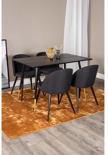 VENTURE DESIGN Dipp spisebordsst, m. 4 stole - sort finer/messing sort metal, sort stof/sort metal