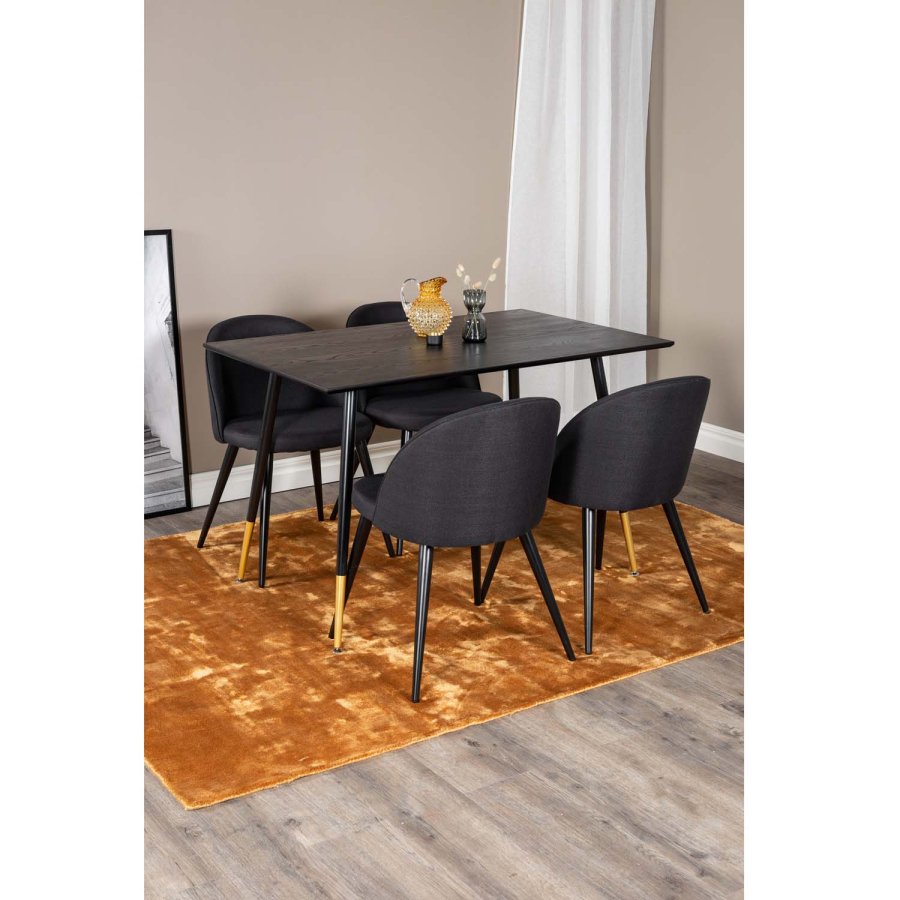 VENTURE DESIGN Dipp spisebordsst, m. 4 stole - sort finer/messing sort metal, sort stof/sort metal