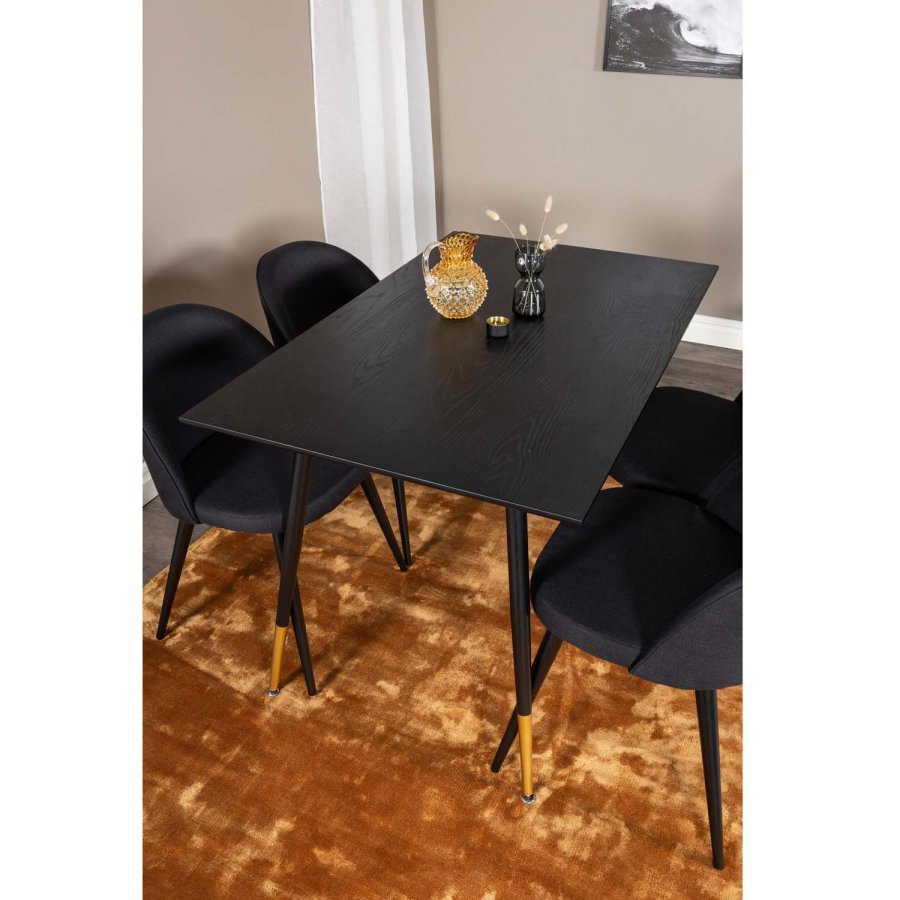 VENTURE DESIGN Dipp spisebordsst, m. 4 stole - sort finer/messing sort metal, sort stof/sort metal