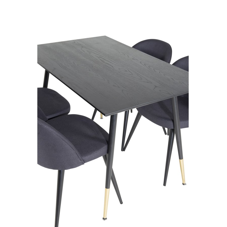 VENTURE DESIGN Dipp spisebordsst, m. 4 stole - sort finer/messing sort metal, sort stof/sort metal