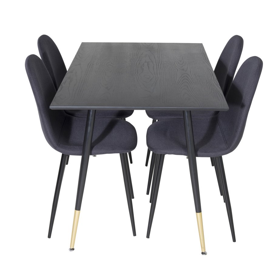 VENTURE DESIGN Dipp spisebordsst, m. 4 stole - sort finer/messing sort metal, sort stof/sort metal