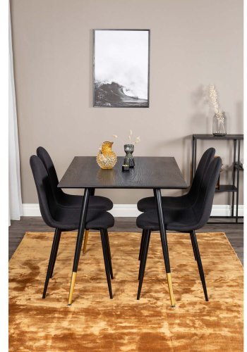 VENTURE DESIGN Dipp spisebordsst, m. 4 stole - sort finer/messing sort metal, sort stof/sort metal