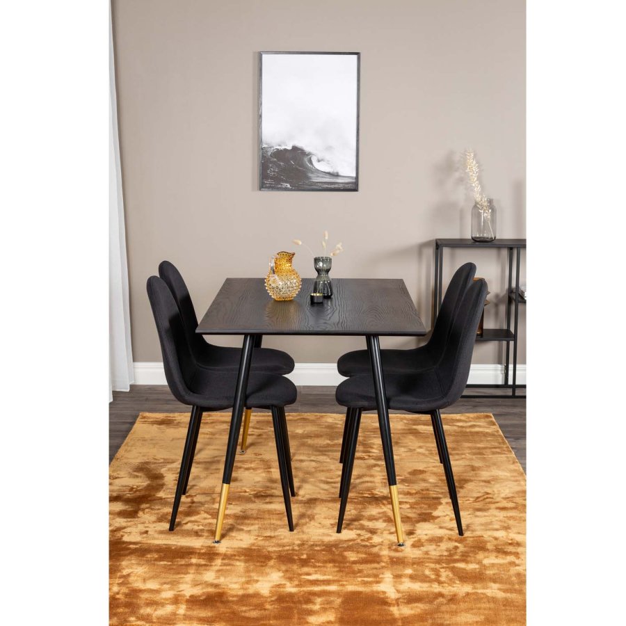 VENTURE DESIGN Dipp spisebordsst, m. 4 stole - sort finer/messing sort metal, sort stof/sort metal