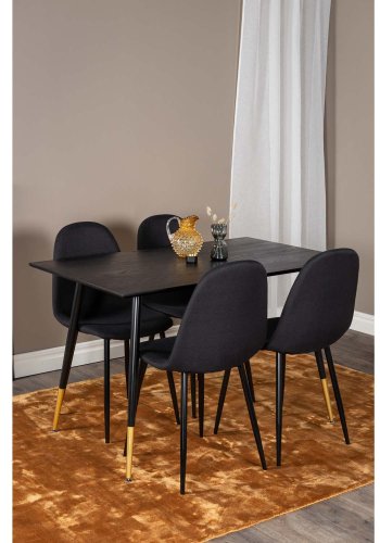 VENTURE DESIGN Dipp spisebordsst, m. 4 stole - sort finer/messing sort metal, sort stof/sort metal