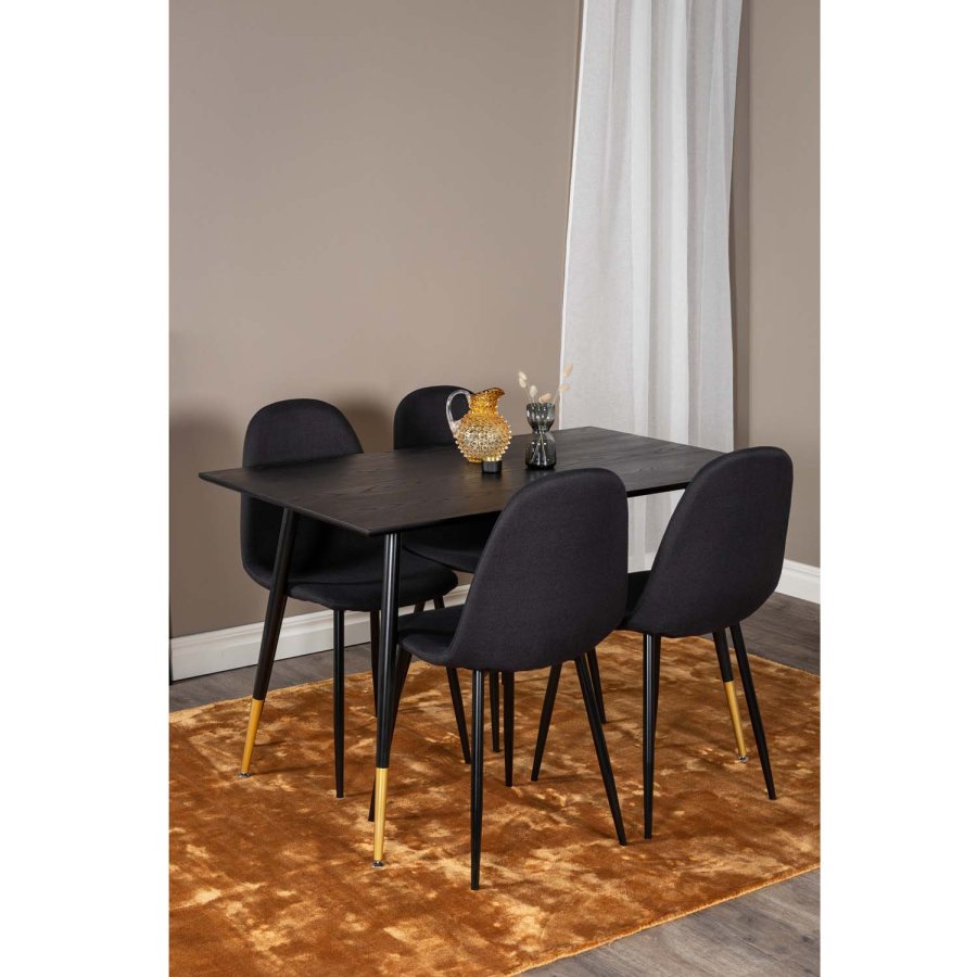 VENTURE DESIGN Dipp spisebordsst, m. 4 stole - sort finer/messing sort metal, sort stof/sort metal