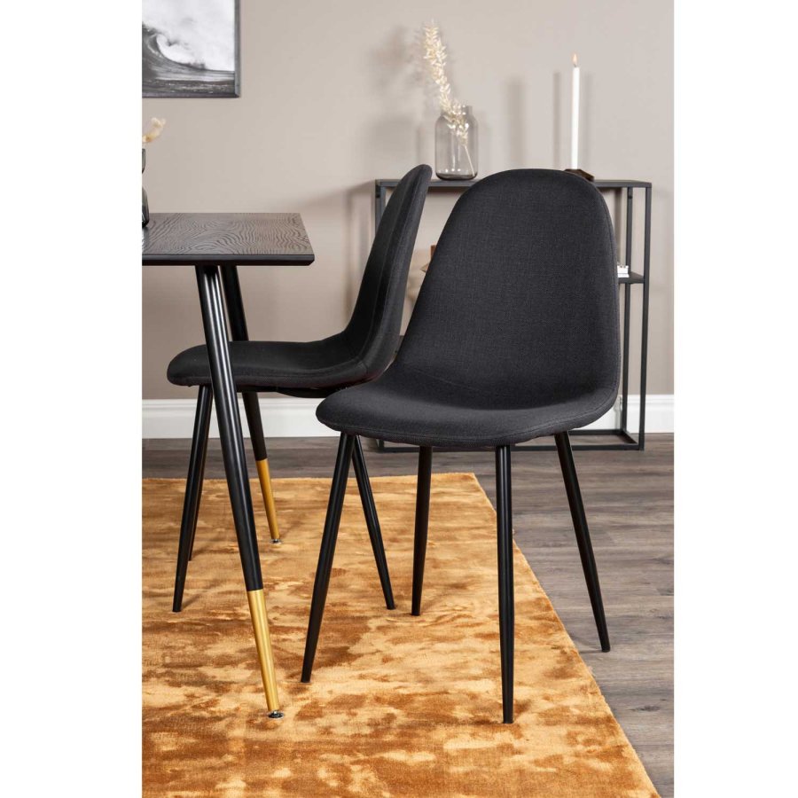 VENTURE DESIGN Dipp spisebordsst, m. 4 stole - sort finer/messing sort metal, sort stof/sort metal