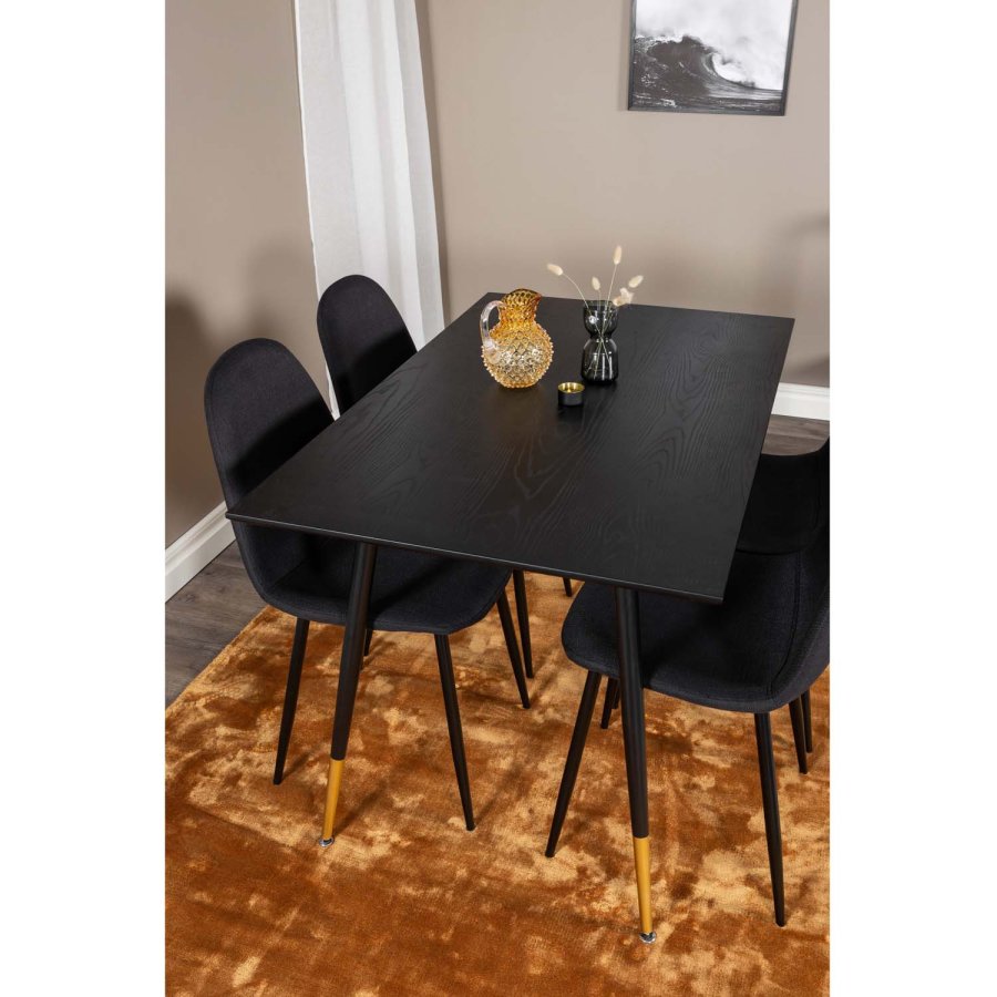 VENTURE DESIGN Dipp spisebordsst, m. 4 stole - sort finer/messing sort metal, sort stof/sort metal